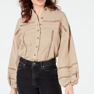 New Free People Tan Summer Stars Button Front Peasant Long Sleeve Blouse Size XS